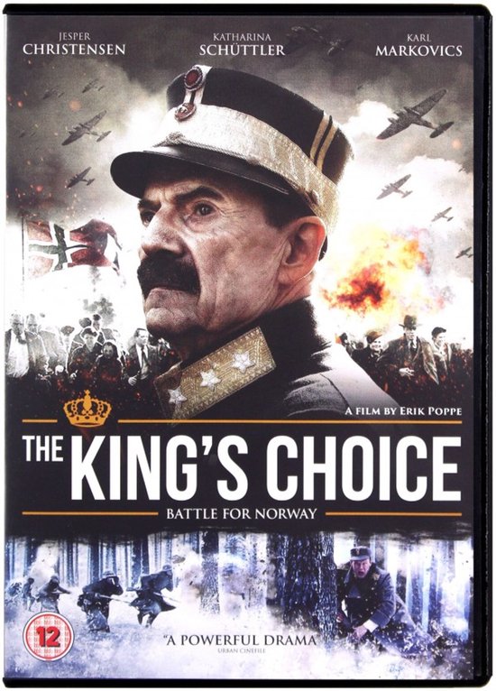 De dvd-hoes toont een close-up van een man met een snor in een militair uniform, met vliegtuigen en een explosie op de achtergrond. De titel is 'The King's Choice'.