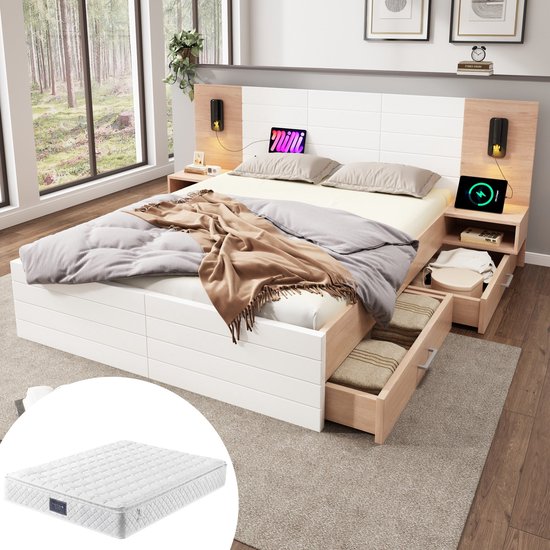 Lit double en bois Merax 140 x 200 cm avec Matras et sommier à lattes, 2 Tables de chevet et connexion USB - Cadre de lit avec lampe de lecture et 2 tiroirs - Wit et Chêne brun