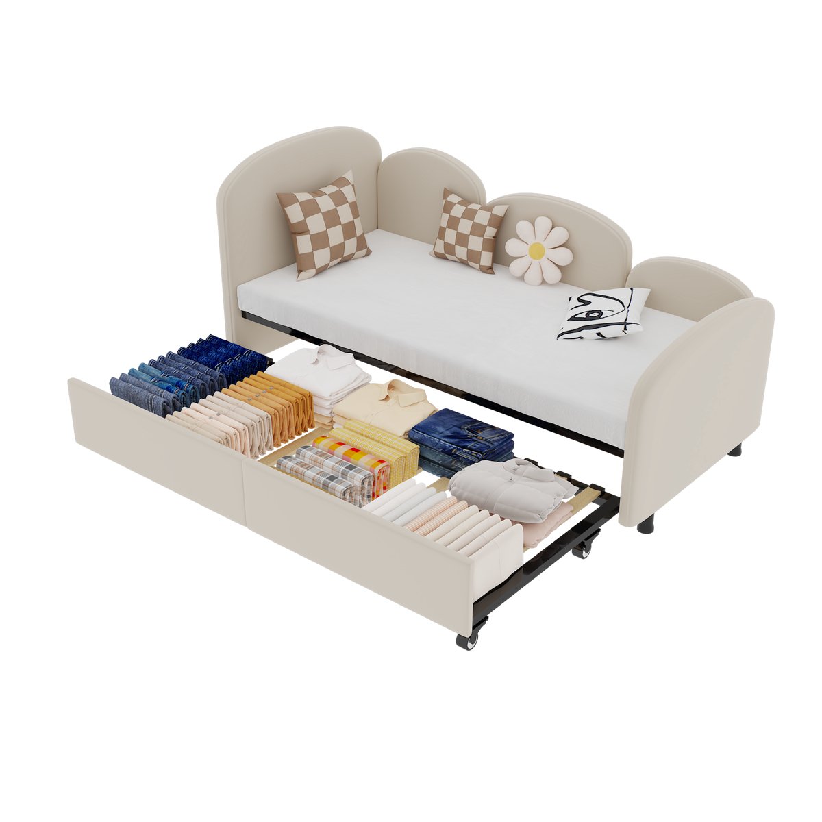 Merax Slaapbank 90x200 cm - Velvet Eenpersoonsbed met Extra Uitschuifbaar Bed 90x190 cm - Beige