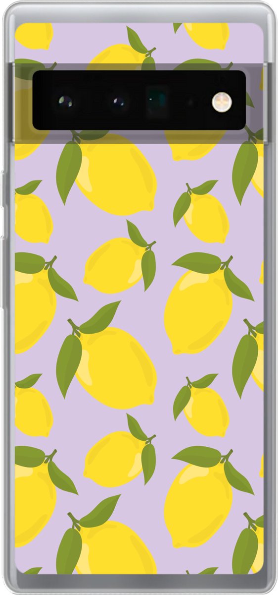 Telefoonhoesje Geschikt voor Google Pixel 6 Pro hoesje - Citroenen patroon - Geel - Paars - Patroon - Vruchten - Siliconen Telefoonhoesje Telefoonhoesje