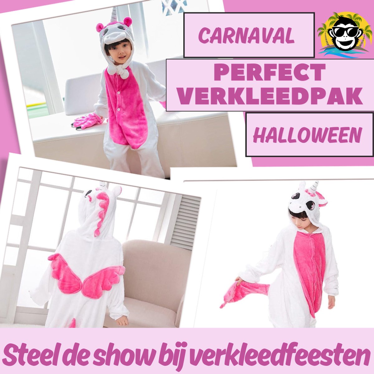 BoefieBoef Kinder Onesie Unicorn – Peuter & Kleuter Pyjama 2-5 Jaar – Dieren Verkleedpak – Flanel Jumpsuit met Capuchon – Knuffelpak & Huispak – Zwemles – Carnaval, Halloween & Sinterklaas Cadeau – Jongens & Meisjes 95-110 cm - Eenhoorn Roze Wit — afbeelding 3