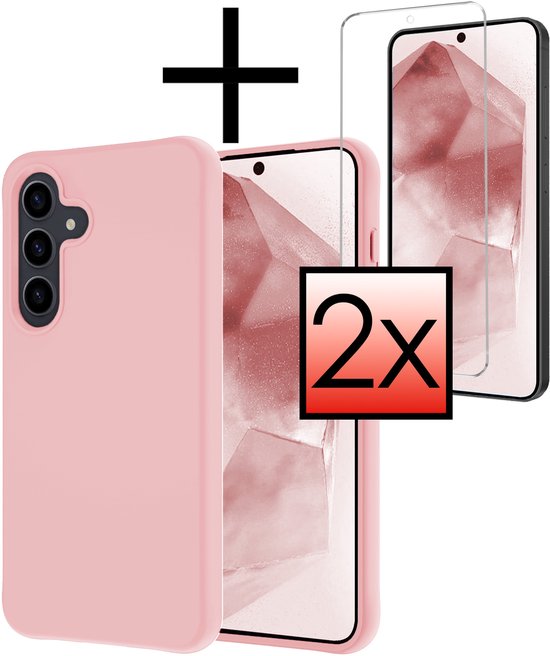 Coque de téléphone en silicone rose avec deux protecteurs d'écran, présentée sur un téléphone rose.