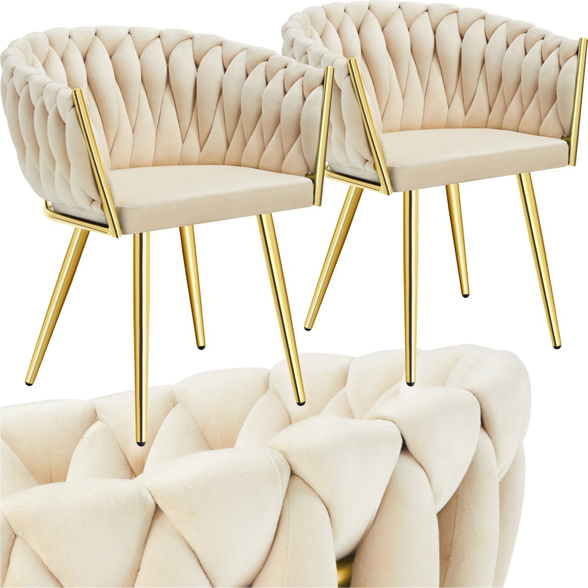 Tectake Set van 2 Fluwelen eetkamerstoelen - Kuipstoel met armleuning in knooplook - Eetkamerstoel - Moderne eetkamerstoel voor woonkamer en eetkamer - Keukenstoel - Kaptafelstoel - Slaapkamerstoel - Diverse kleuren - Zandkleurig/Goud