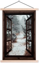 Posterhanger incl. Poster 60x90 cm - Schoolplaat - Bos - Winter - Bomen - Natuur - Pad - Doorkijk - Textielposter - Blanke latten