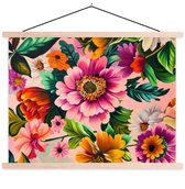 Posterhanger incl. Poster 150x113 cm - Schoolplaat - Bloemen - Kleurrijk - Roze - Textielposter - Blanke latten