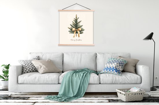 Posterhanger incl. Poster 120x120 cm - Schoolplaat - Kerstboom - Kerst - Merry Christmas - Beige - Textielposter - Blanke latten