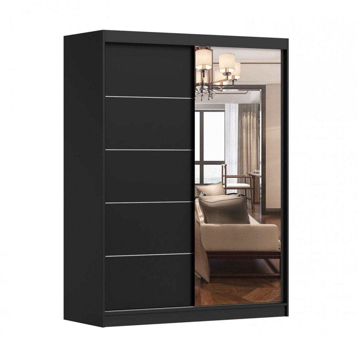 AJE Meubles B.V. Schuifdeurkast LARA 05 – 2-deurs kledingkast met spiegel, legplanken en kledingroede – modern design – 150x200x61 cm - LARA 05 (Zwart)