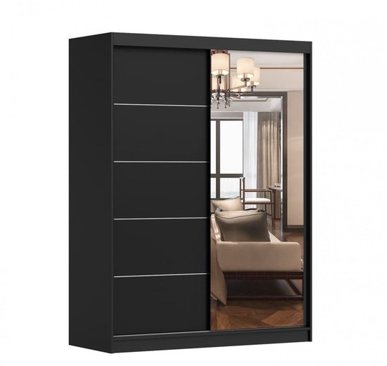 Schuifdeurkast LARA 05 – 2-deurs kledingkast met spiegel, legplanken en kledingroede – modern design – 150x200x61 cm - LARA 05 (Zwart)