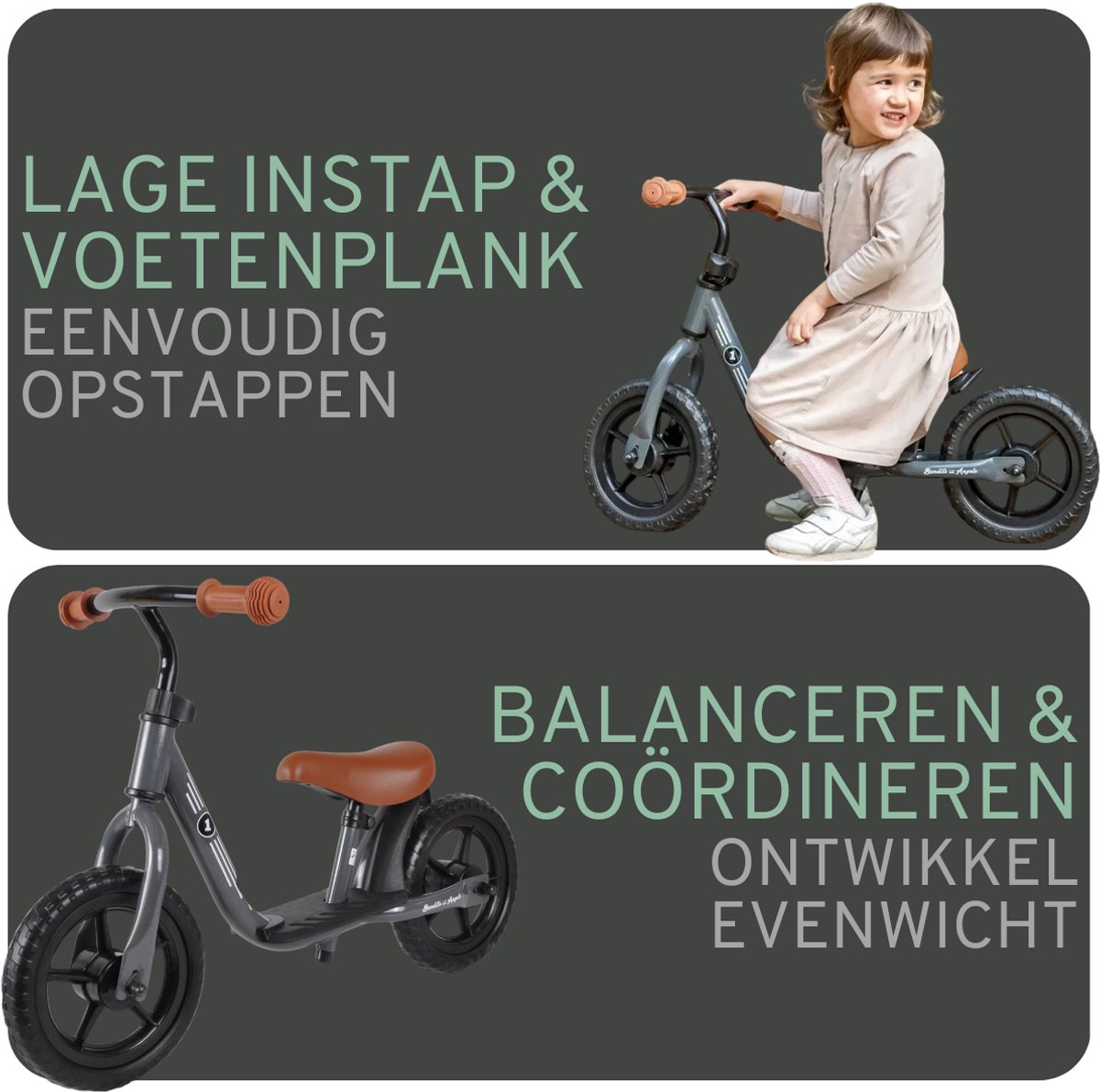Bandits & Angels Metalen Loopfiets Starter Grijs met Voetenplank vanaf 2 Jaar - Limited Edition - Grijze Loop Fiets - Verstelbaar Zadel 29 tot 39 cm - Voor Jongens en Meisjes - Compact en Veilig - Lage Instap met Voetenplank — afbeelding 4