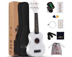 Sopraan Ukulele Starter Set - 21" Beginners Ukelele met Draagtas - Clip-on Tuner - Extra Snaren - Verstelbare Riem - Plectrum - Gripboard Stickers - Akkoordkaart - Poetsdoek - Wit