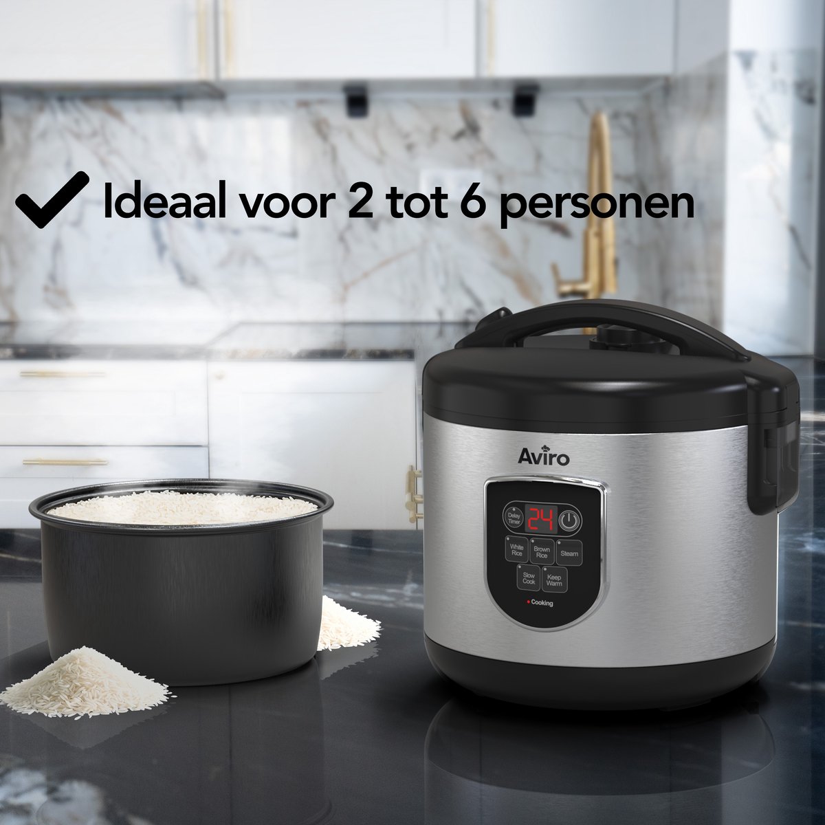 Aviro Rijstkoker - Slowcooker - 1,2L - 7 Functies - Warmhoudfunctie - Rice Cooker - Anti Aanbaklaag - Multicooker - 2-6 Personen - RVS – foto 5