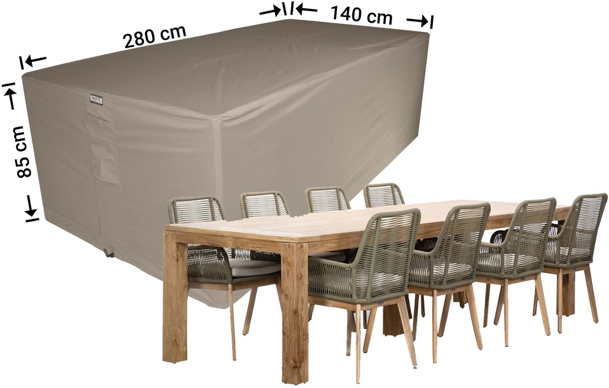Raffles Covers Tuinsethoes - 280 x 140 H: 85 cm - RDS280140 - Waterdicht - Ademend - UV-bestendig - Elastisch rijgkoord - Beschermhoes tuinmeubelen - Hoes voor tafel en stoelen Taupe