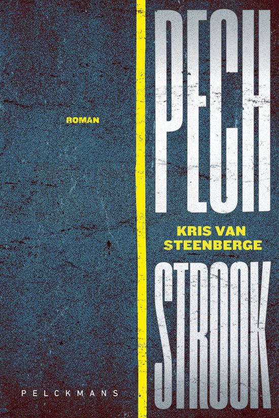Boekomslag met de titel 'Pechstrook' in witte letters, met een gele verticale streep en 'Roman' op een donkerblauwe achtergrond.