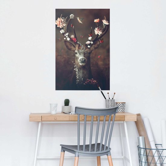 Cerf romantique - Colibri - Papillon - Couronne de fleurs - Affiche 61 x 91,5 cm Papier
