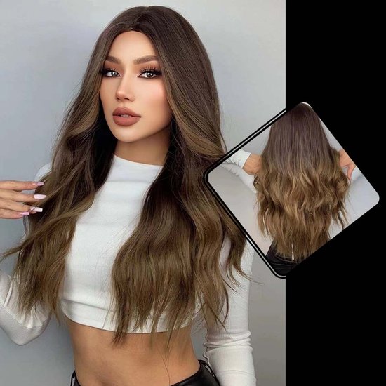Wigs & More - Perruque marron - Perruques cheveux longs pour femme - Ressemble à de vrais cheveux - ondulée - Lavable - 65 cm