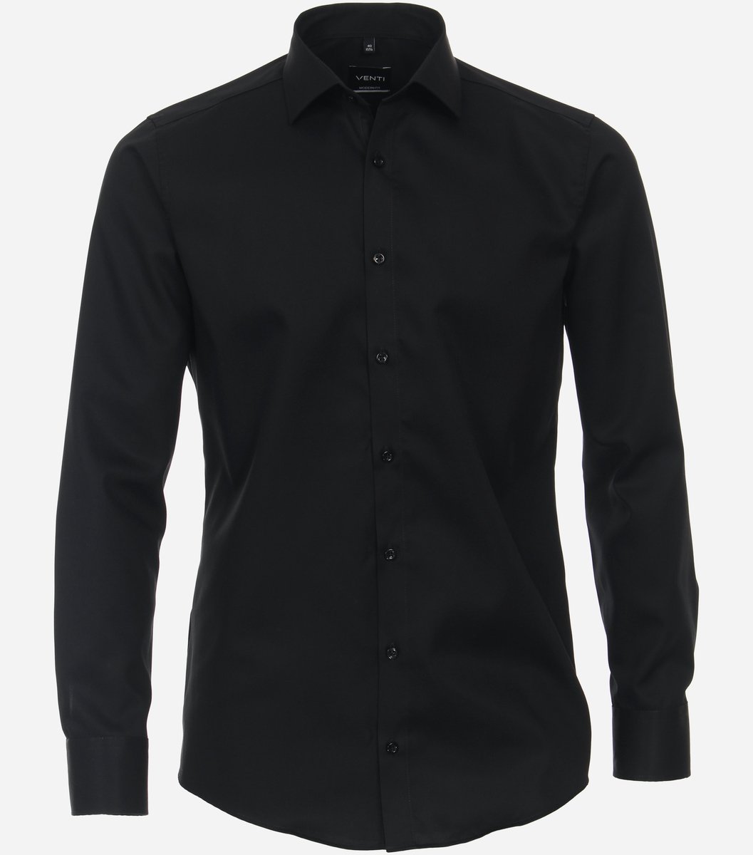 VENTI modern fit overhemd - mouwlengte 7 - twill - zwart - Strijkvriendelijk - Boordmaat: 44