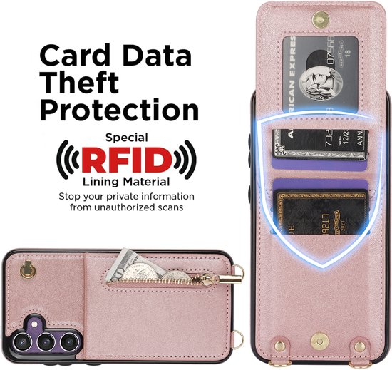 Roségouden telefoonhoesje met ritssluiting, kaarthouder en RFID-bescherming. "Card Data Theft Protection"