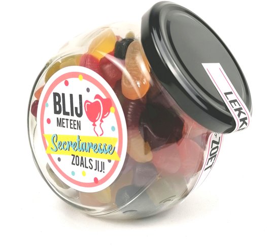 Secretaressedag cadeau - Snoeppot - "Blij met een secretaresse zoals jij!" gevuld met winegum mix - cadeautje secretaresse -