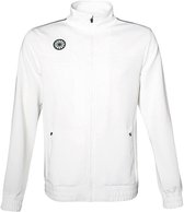 Veste d'entraînement blanche pour homme avec logo vert foncé sur la poitrine et rayures sur les manches.