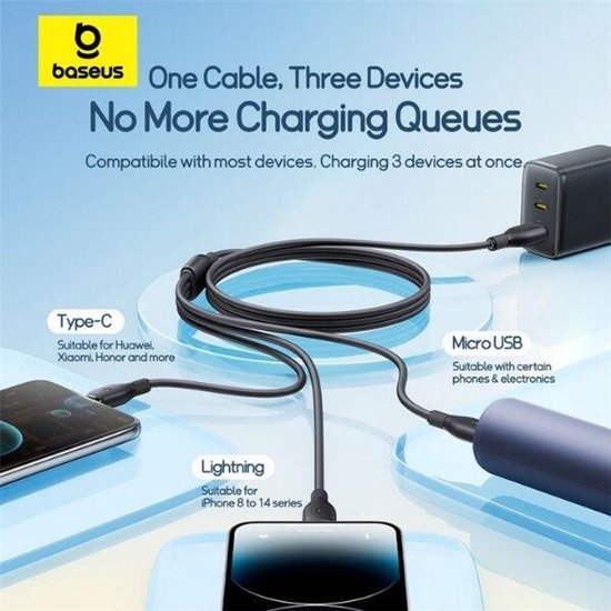 Baseus USB 3-en-1 Baseus avec Lightning / USB-C / Micro USB 0,8 ​​m Zwart