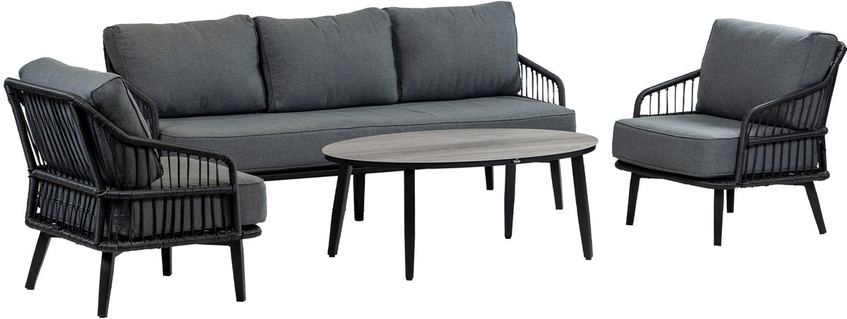 3-persoonsbank Isabel | Zwart + 2 loungestoelen Isabel | Zwart + Mykonos bijzettafel ovaal 120x75cm