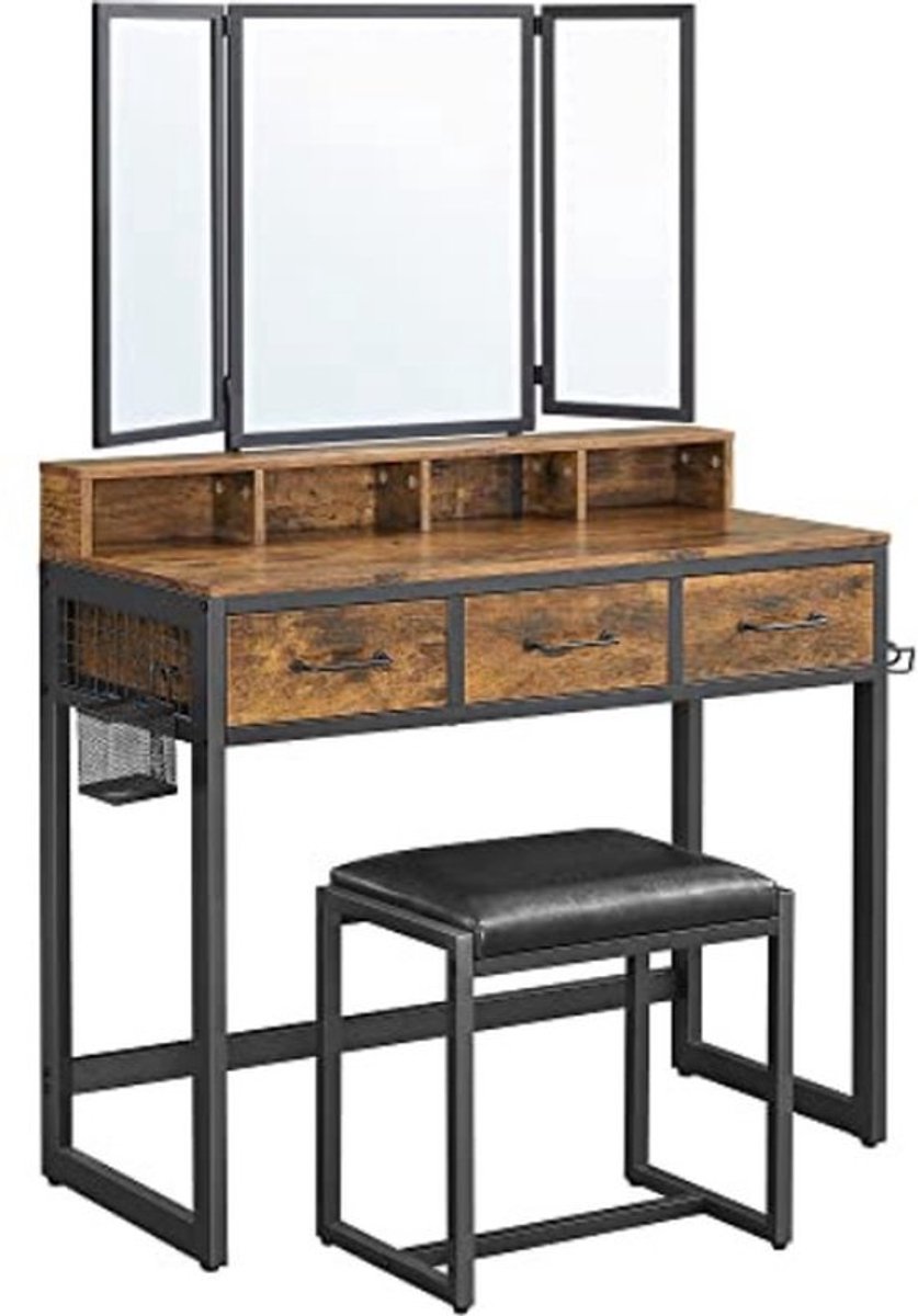 Vasagle Kaptafel Met Kruk & Opvouwbare Spiegel - Kaptafel - Bruin - Industrieel - Tafel - Spiegel - Spiegels - Opvouwbare Spiegel - Wandspiegel - Spiegel Staand - Kruk - Stoel - Stoeltje - Dressoir - Kast - Kastje - Opberg Kast