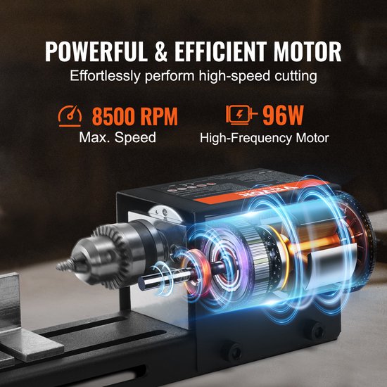 Gedetailleerde weergave van de krachtige & efficiënte motor van de mini houtdraaibank. Max. snelheid 8500 RPM, 96W.