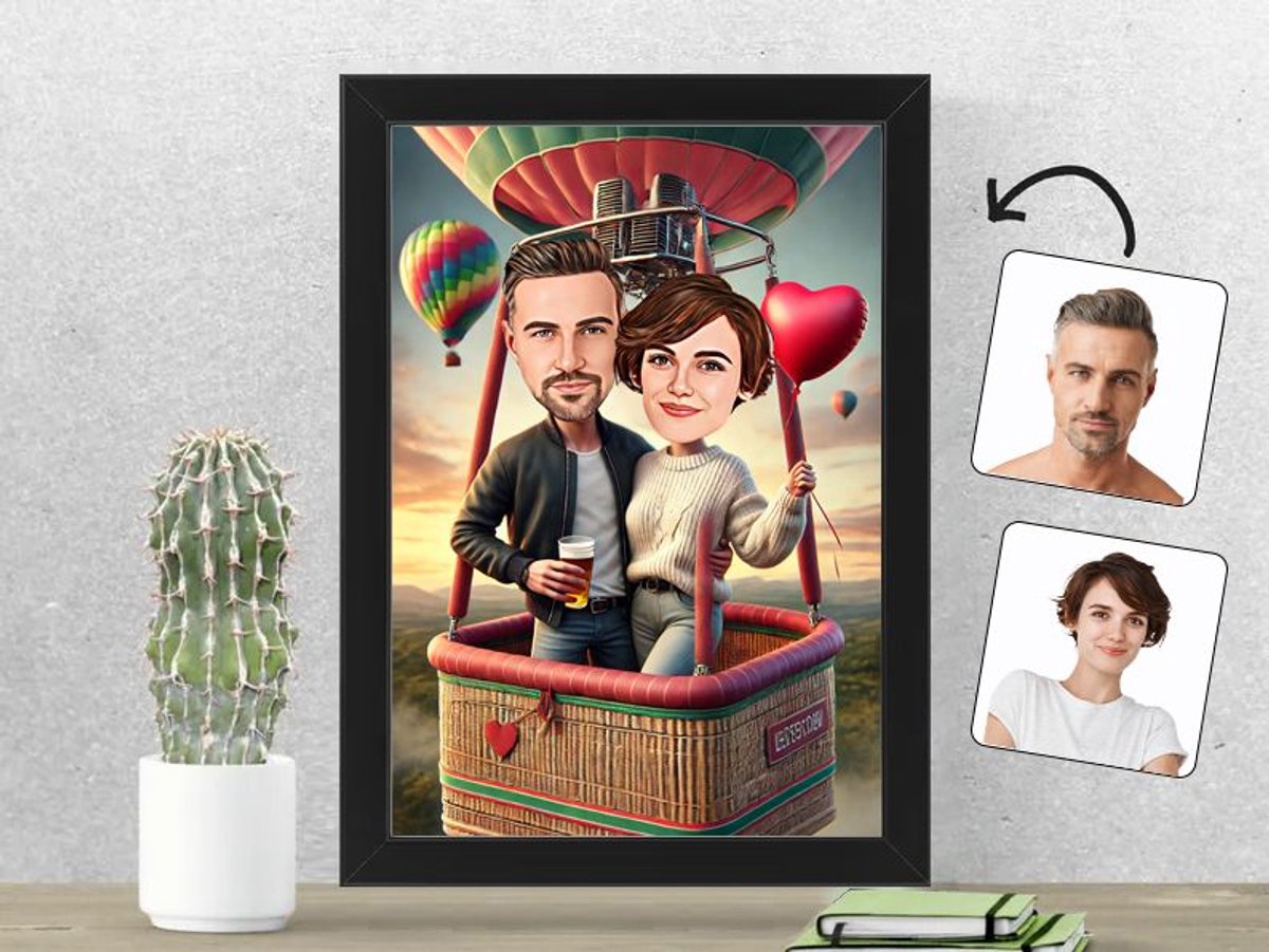 Magische Luchtballonvaart met Jouw Karikatuur - Gepersonaliseerde Karikatuur Fotolijst 21x30 cm - Gepersonaliseerd Cadeau - Met Jouw Foto - Verjaardag - Kerst - Valentijn - Uniek en Handgemaakt - Cadeau - Verjaardag - Kerst - Kado - Valentijn - Huwel