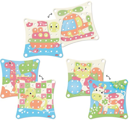 Set met 5 afbeeldingen: boot, helikopter, dinosaurus, eend, kat en koe, om in te steken.