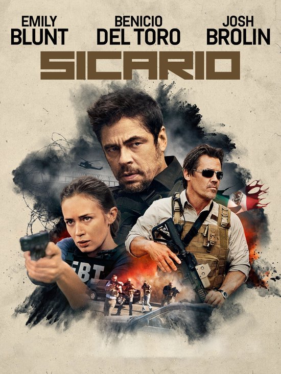 Filmcover Sicario met Emily Blunt, Benicio Del Toro en Josh Brolin, met geweren en een politieachtervolging.