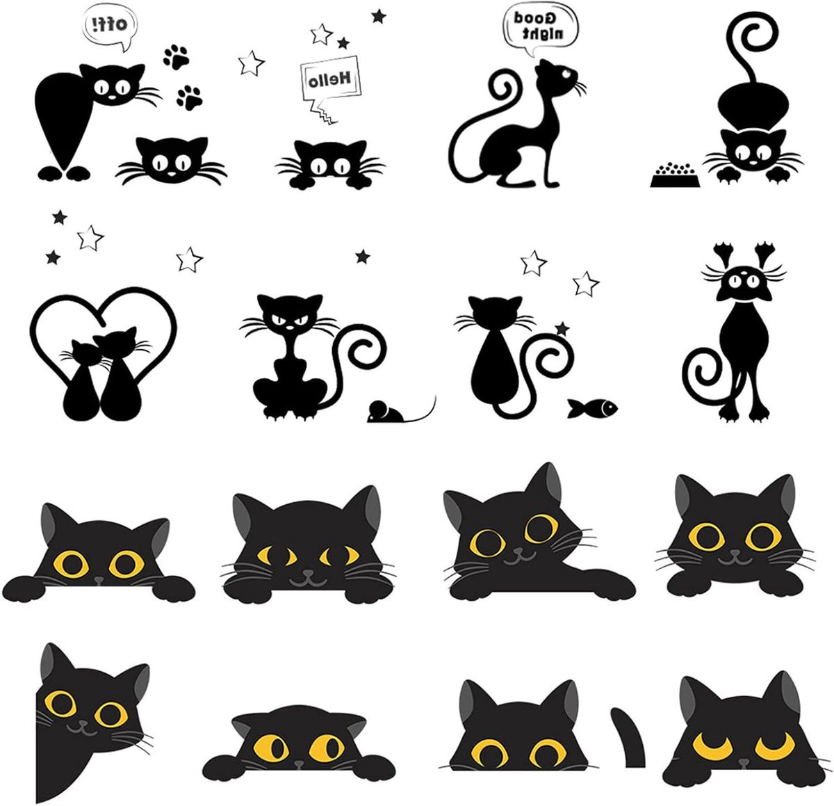 Grappige dieren muurstickers voor lichtschakelaar - Kat - Zwart - 16 stuks