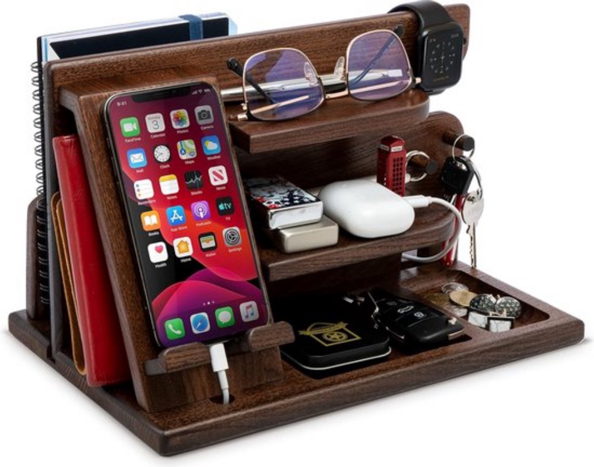 Houten telefoon dockingstation as boom met sleutelhanger mannen cadeau echtgenoot vrouw jubileum vader verjaardag nachtkastje portemonnee vader afstuderen mannelijke reisidee gadgets (berensteen)