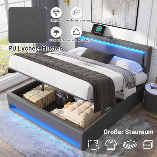 Kicode King Size LED Floating Bed Frame, PU Black, With Storage Headboard And Charging Station - View #4