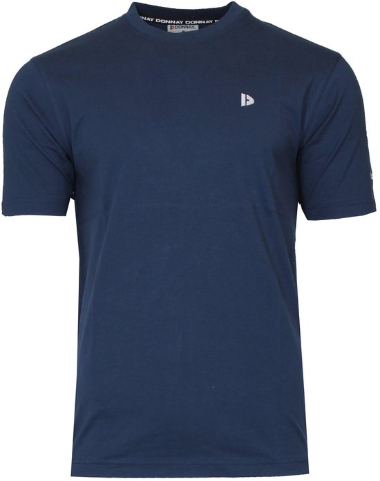 Voorkant van een donkerblauw Donnay T-shirt met wit logo.