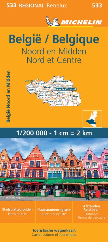 Carte Michelin de la Belgique du Nord et du Centre. Avec plans de ville de Bruxelles et Anvers. Photo de bâtiments historiques colorés.