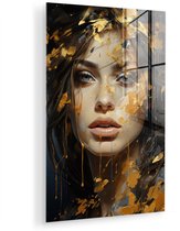 MuchoWow® Glasschilderij 20x30 cm - Schilderij acrylglas - Vrouw - Portret - Abstract - Kunst - Goud - Foto op glas - Muurdecoratie woonkamer - Wanddecoratie slaapkamer - Schilderijen