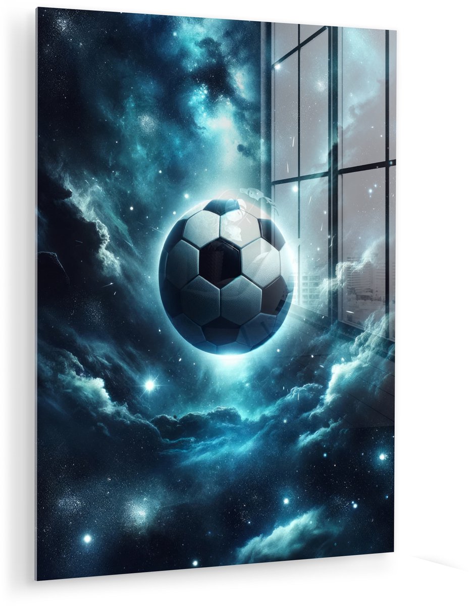 MuchoWow® Glasschilderij 120x160 cm - Schilderij acrylglas - Voetbal - Galaxy - Ruimte - Sport - Blauw - Foto op glas - Muurdecoratie woonkamer - Wanddecoratie slaapkamer - Schilderijen