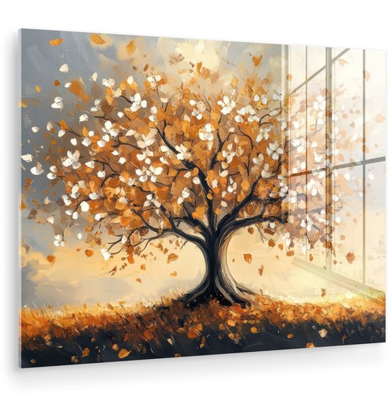 MuchoWow® Glasschilderij 40x30 cm - Schilderij acrylglas - Herfst - Boom - Oranje - Bladeren - Levensboom - Abstract - Foto op glas - Muurdecoratie woonkamer - Wanddecoratie slaapkamer - Schilderijen