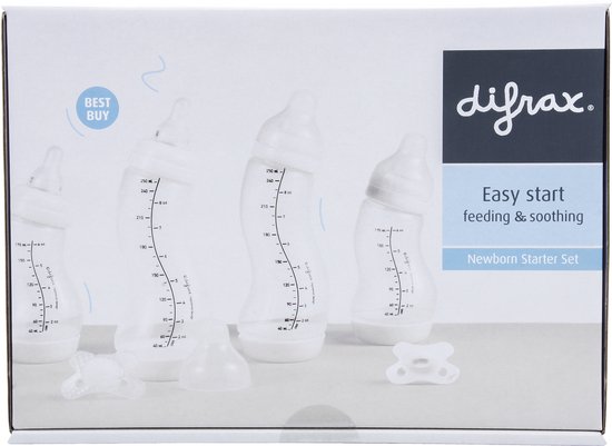 Difrax Newborn Babypakket - 2x 170 ml S-fles Crème - 2x 250ml S-fles Crème - 1x Newborn fopspeen Crème - 1x 0-6 maanden fopspeen Glow in the Dark