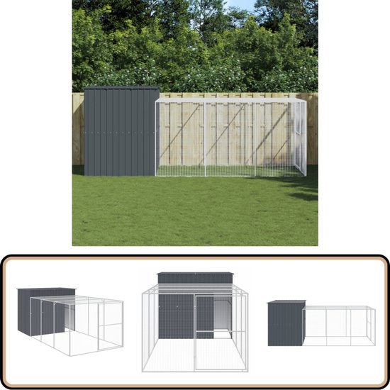 vidaXL Hondenhok met Ren - 214x457x181 cm - Staal Hondenhok - Honden Kennel - Honden Verblijf - Hondenhuis - Veiligheids Hok