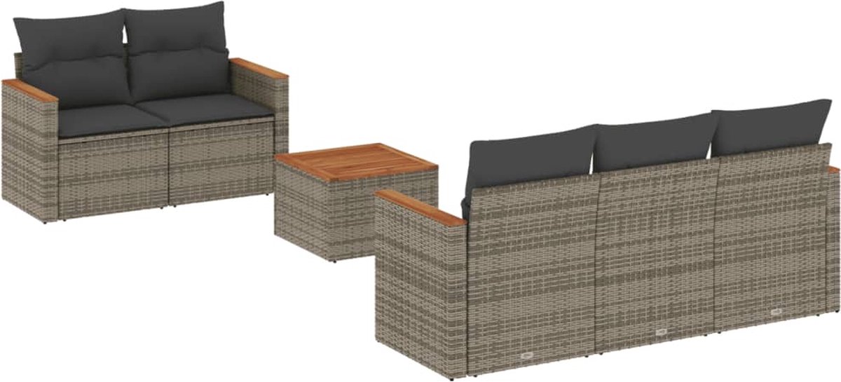The Living Store 6-delige Loungeset met kussens poly rattan grijs - Tuinlounge - Lounge Set - Buitendiner - Outdoor Furniture - Relaxfauteuil