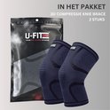Verpakking van 2 U-Fit One 3D compressie kniebraces in donkerblauw.