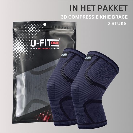 Verpakking van 2 U-Fit One 3D compressie kniebraces in donkerblauw.