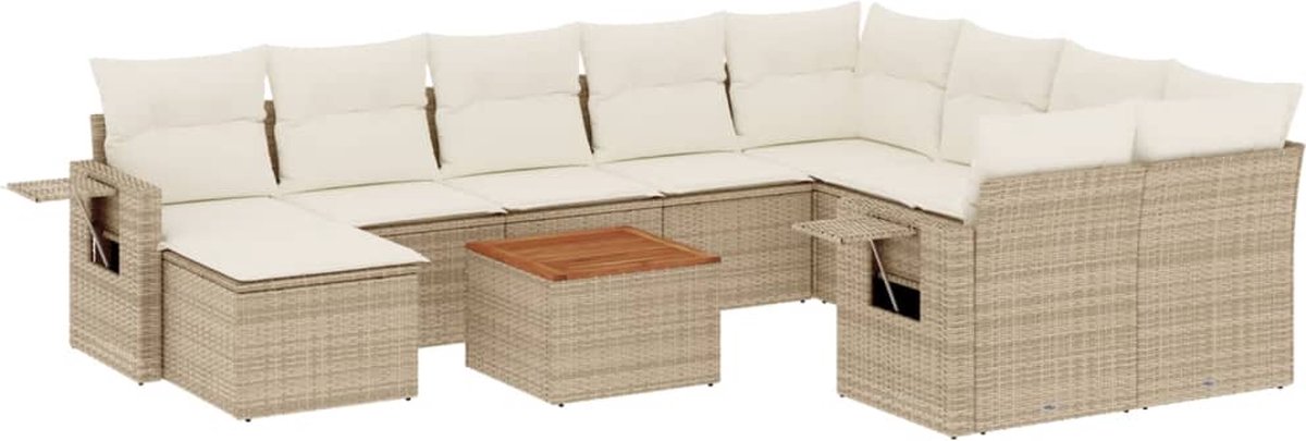 The Living Store 11-delige Tuinset met kussens poly rattan beige - Loungeset - Tuinlounge - Buitendining - Lounge Set - Tuinmeubelen