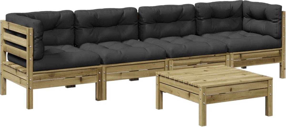 The Living Store 5-delige Loungeset met kussens geïmpregneerd grenenhout - Loungeset - Tuinset - Hoekbank - Houten Bank - Buitendrank