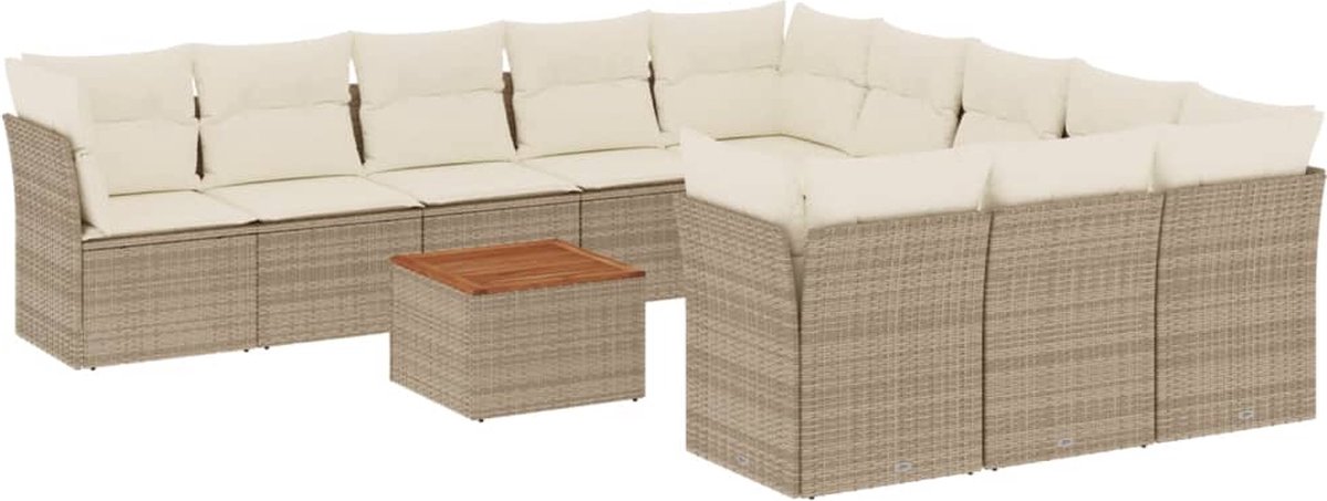 The Living Store 12-delige Loungeset met kussens poly rattan beige - Loungebank - Tuinlounge - Buitentijd - Lounge Set - Outdoor Furniture