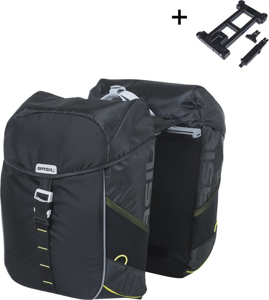Basil Miles dubbele fietstas MIK, 34L, black lime - waterdicht - extra reflecterende delen