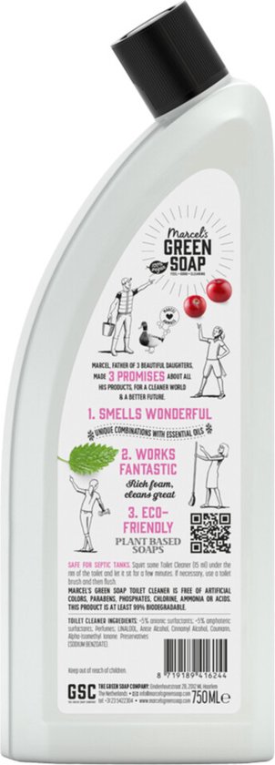 Witte fles toiletreiniger met roze etiket. "Marcel's Green Soap" met afbeeldingen van een gezin, een QR-code en cranberries. Geur: patchouli cranberry.
