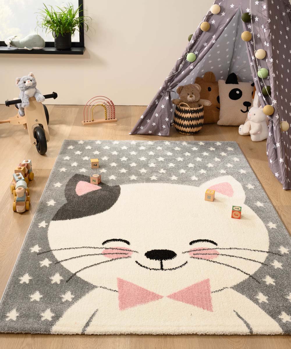 Tapeso Kindervloerkleed kat - Adventures grijs/roze 200x290