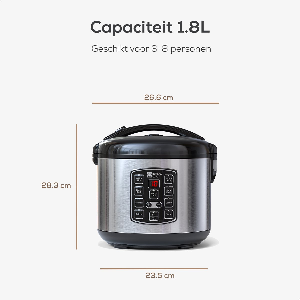 Rijstkoker met Stomer - 1.8L - Multicooker - Rice Cooker - Slowcooker - 3 tot 8 Personen - Zwart RVS - KitchenLove – foto 8